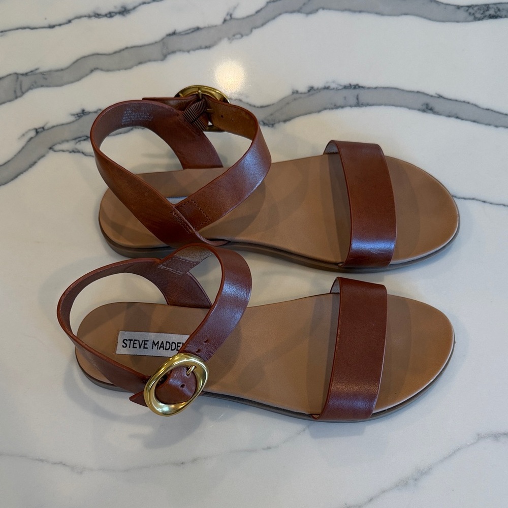 Steve Madden Brown Leather Cross-Strap Sandals with Gold Buckle